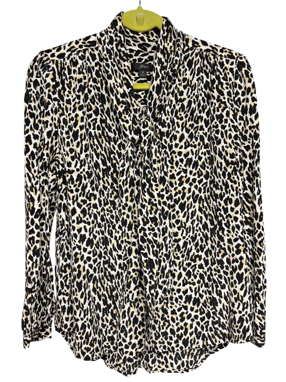 J.Crew 100% Silk Leopard Print Tie Neck Blouse Medium Career Office Top